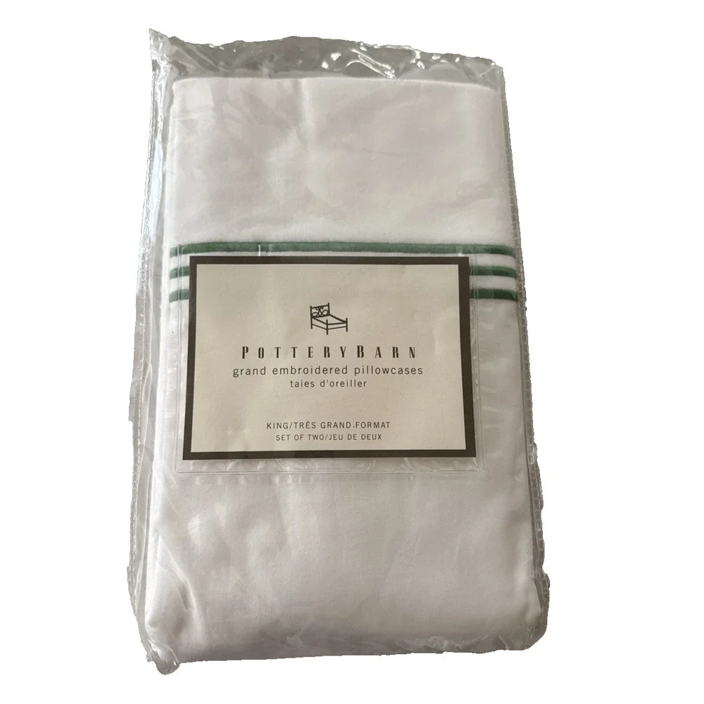 Pottery Barn Grand Embroidered 2 King Shams Green Stripe